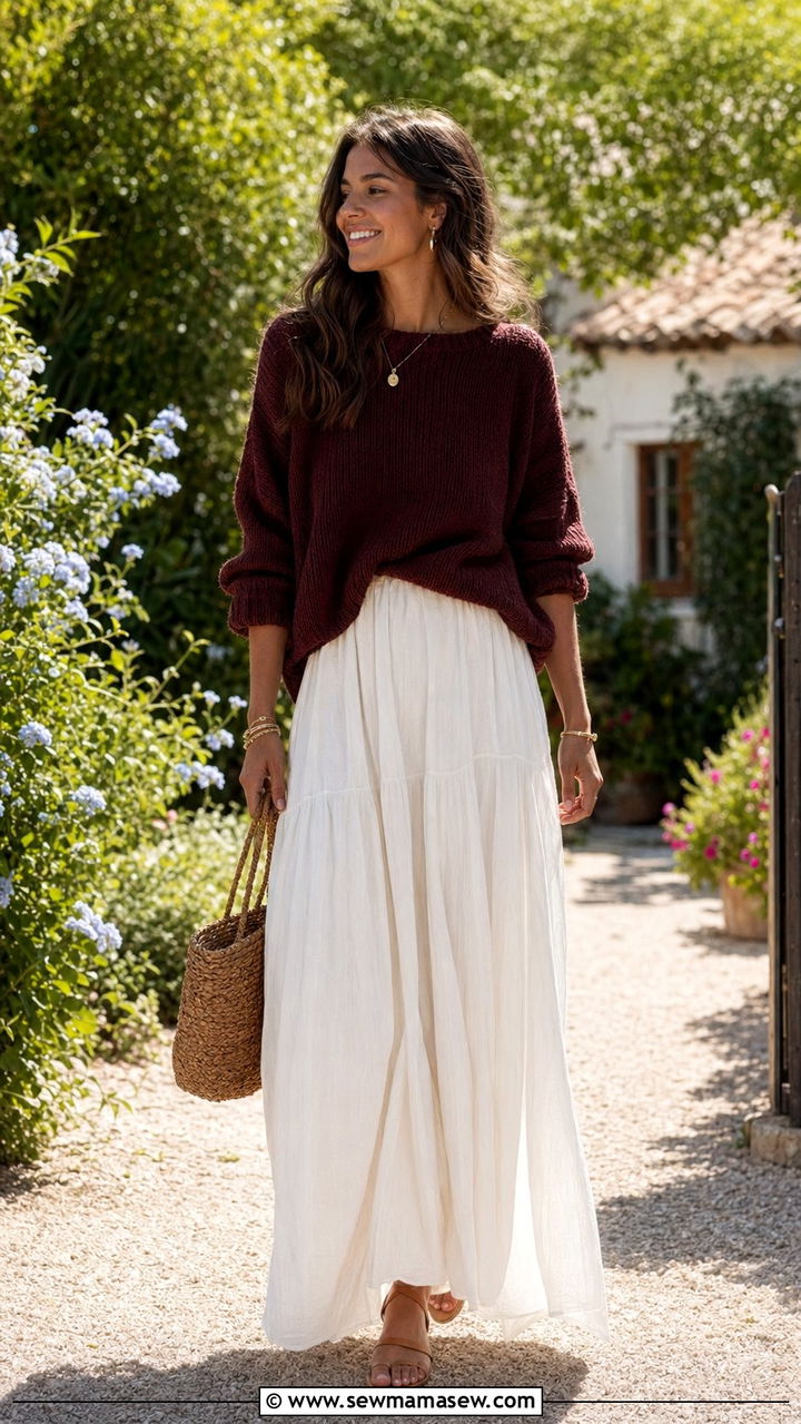 Wine sweater over a white maxi skirt - 30 Wine outfit ideas