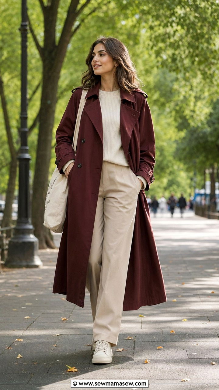 Wine trench coat with a neutral base - 30 Wine outfit ideas
