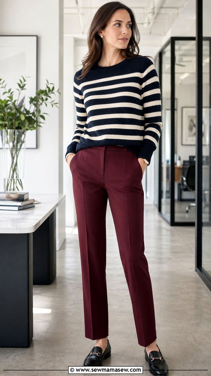 Wine trousers with a striped sweater - 30 Wine outfit ideas