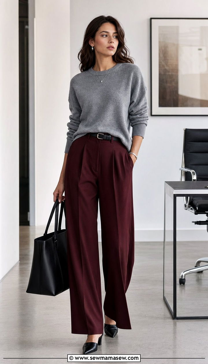 Wine wide leg trousers with a gray knit - 30 Wine outfit ideas