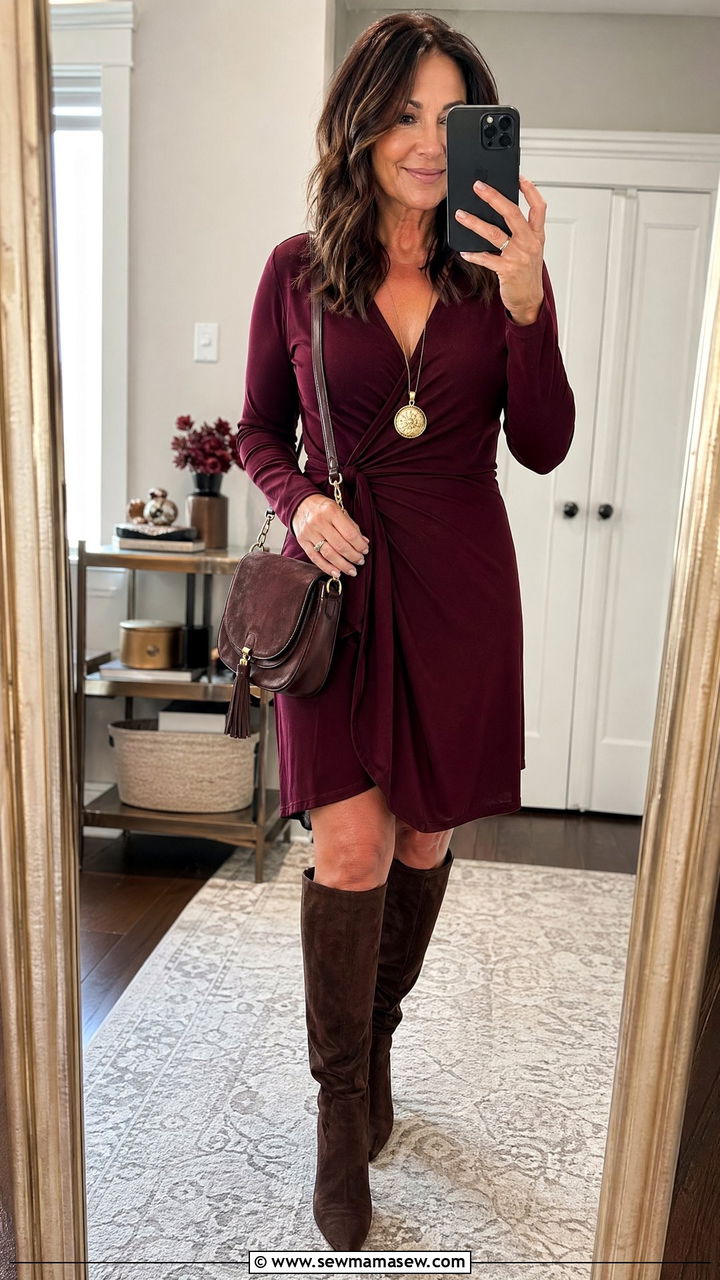 Wine wrap dress with suede knee boots - 35 Classy outfit ideas for women over 40