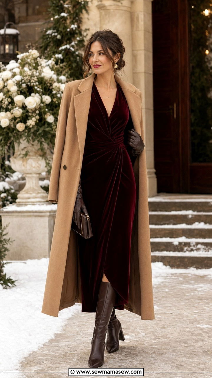 Winter Coat Dress With Velvet Dress and Heels - 30 wedding guest outfits ideas