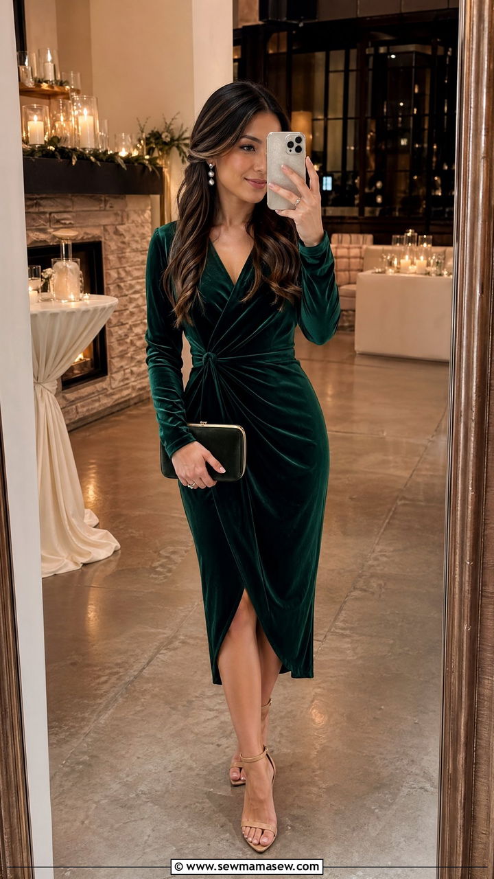 Winter Wedding Velvet Wrap Dress With Nude Heels Petite Wedding Guest Outfit - 35 Wedding guest outfits for petite women