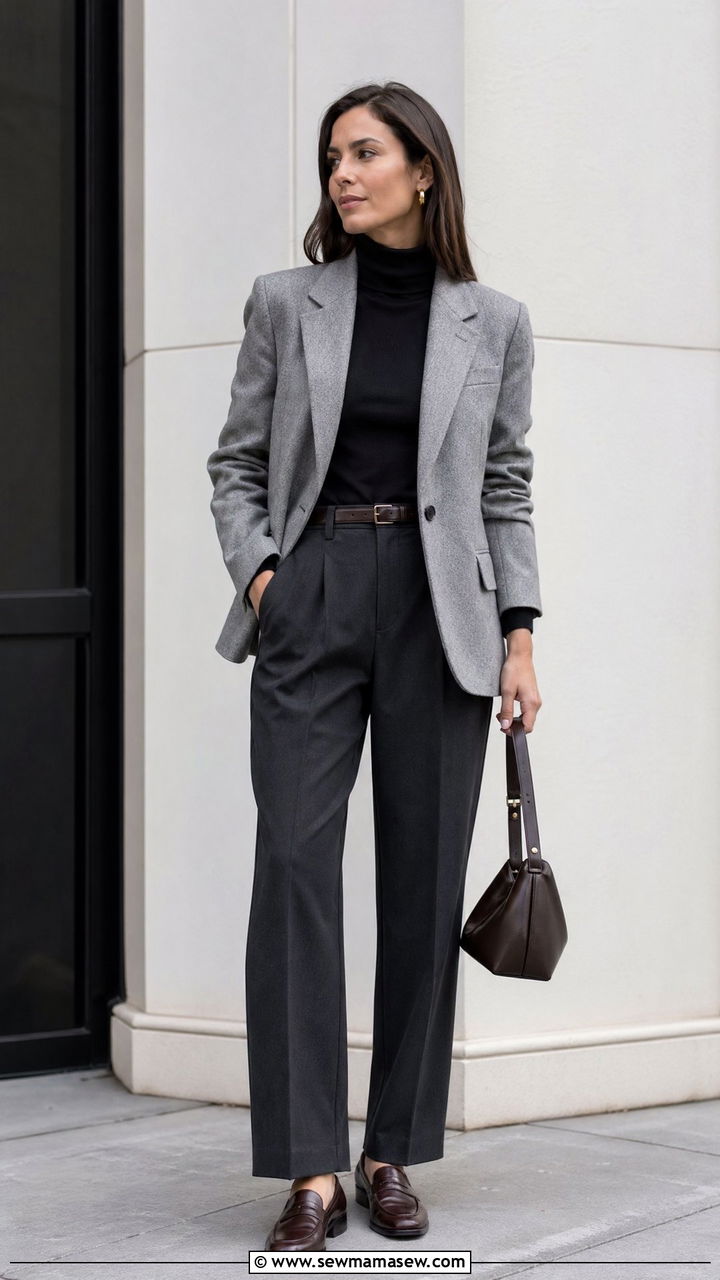Wool Blazer With Fine Gauge Turtleneck and Trousers - 35 transitional old money outfit ideas