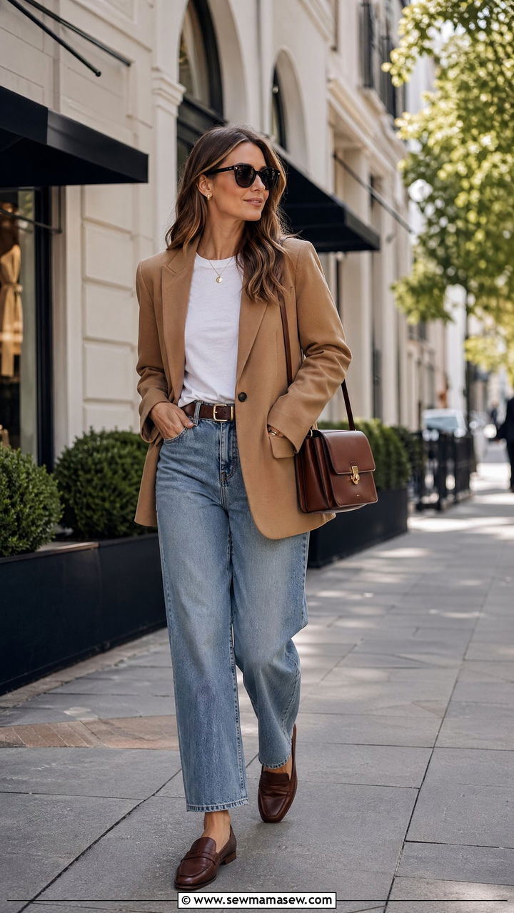 Wool Blazer with Barrel Leg Jeans and Loafers Outfit - 35 transitional chic outfit ideas