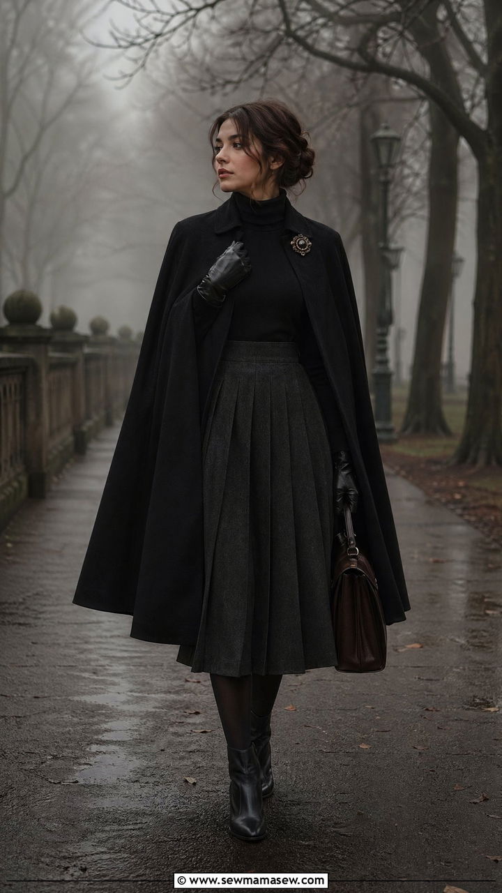 Wool Cape and Black Turtleneck with Pleated Midi Skirt - 35 dark academia outfits