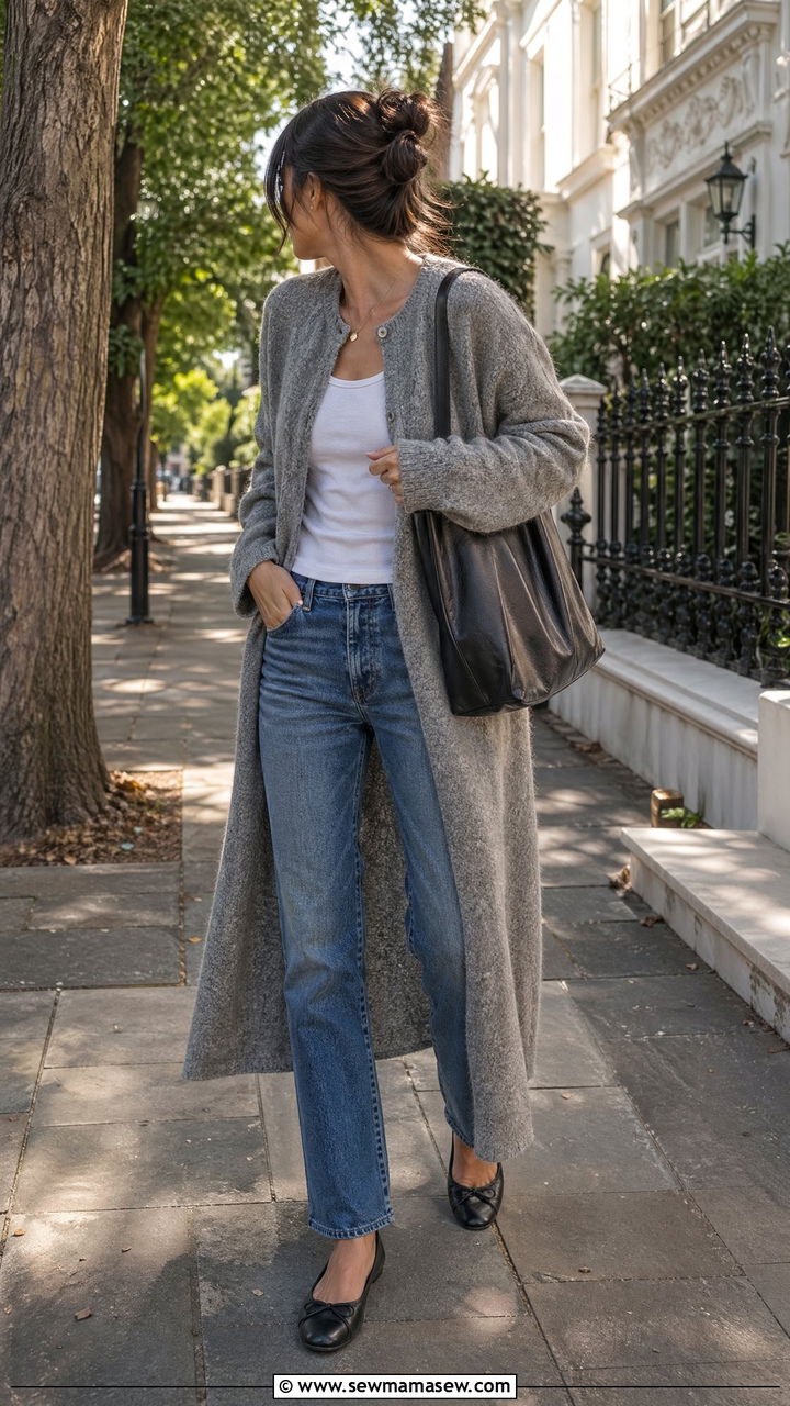 Wool Cardigan With Jeans White Tank And Ballet Flats - 35 Windy summer outfits