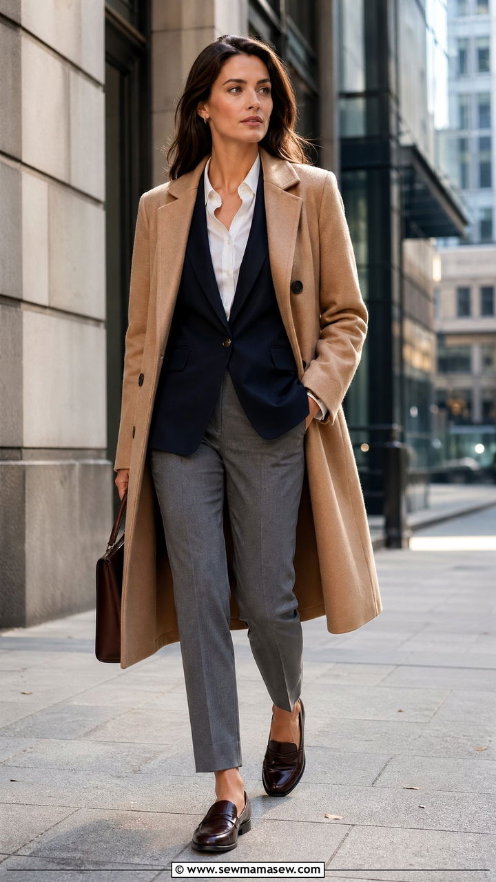 Wool Coat Layered Over a Blazer for Office Dressing - 35 Wool coat outfit ideas