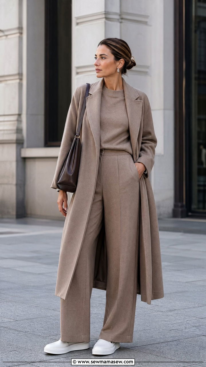 Wool Coat Over Monochrome Knit Set - 35 classy old money outfits