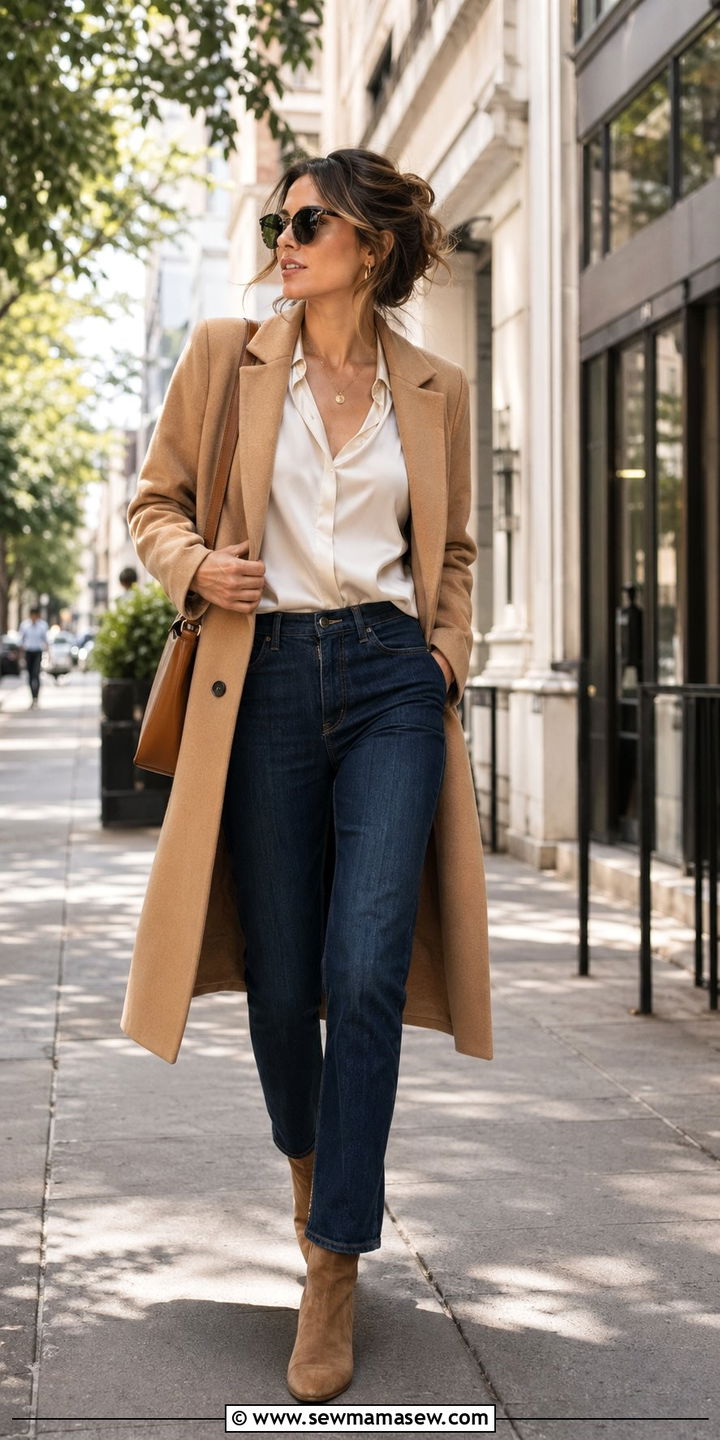 Wool Coat Over Silk Blouse And Dark Wash Jeans - 35 quiet luxury outfits
