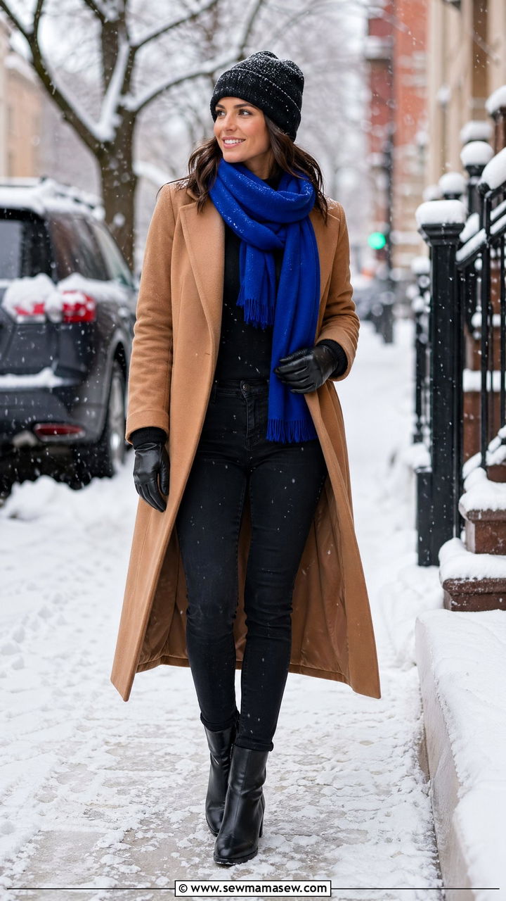 Wool Coat Styled with a Cozy Scarf and Leather Gloves - 35 Wool coat outfit ideas