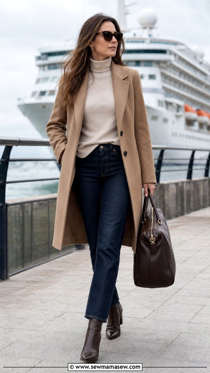 Wool Coat With Turtleneck And Dark Jeans - 35 Norwegian cruise outfit ideas