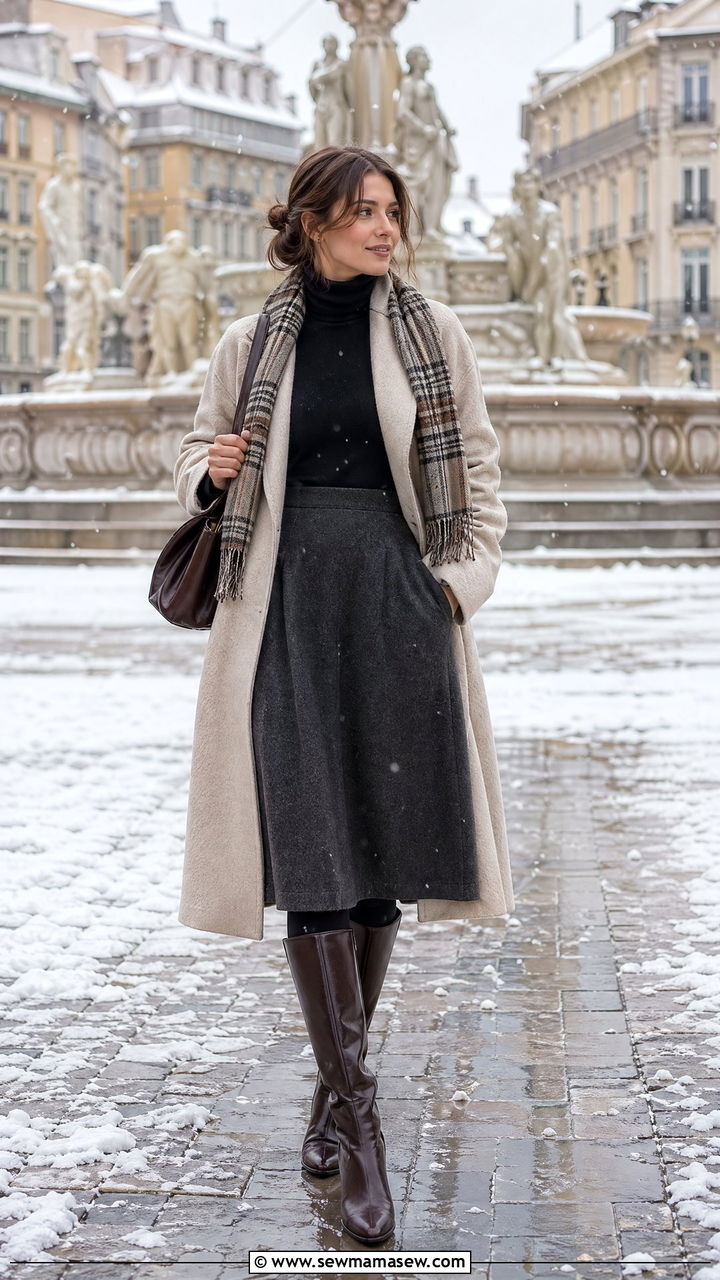 Wool Coat With Turtleneck And Plaid Scarf - 35 cottagecore outfits for women