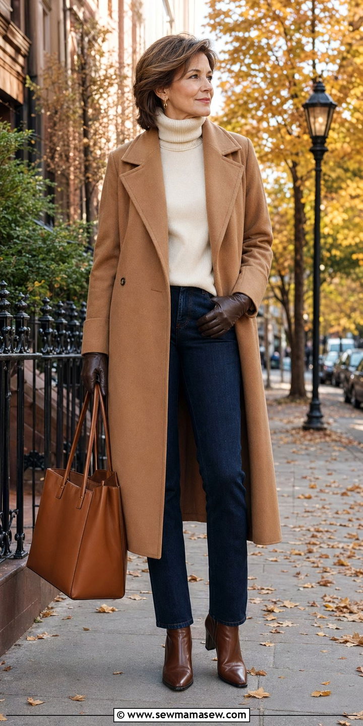 Wool Coat With Turtleneck And Straight Leg Jeans - 35 Outfit ideas for women over 75