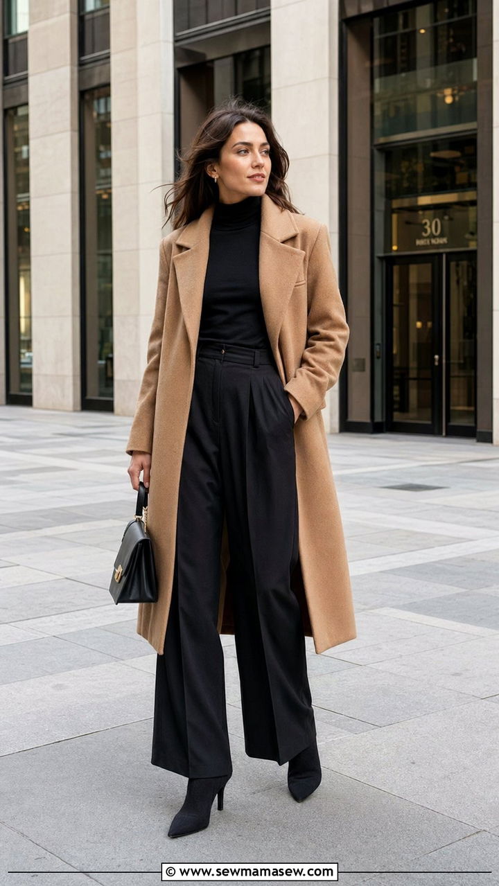 Wool Coat With Turtleneck And Wide Leg Trousers - 30 Windy day outfit ideas