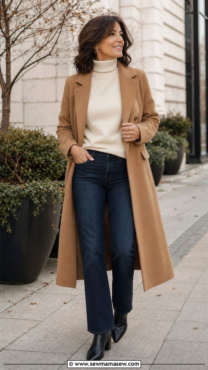 Wool Coat With Turtleneck and Straight Leg Jeans Outfit - 35 Modest outfits for women over 40