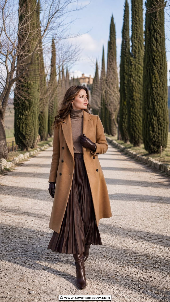 Wool Coat and Pleated Skirt - 35 Tuscany vacation outfit ideas