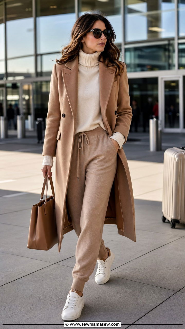 Wool Coat with Cashmere Joggers - 35 Comfy airport outfit ideas