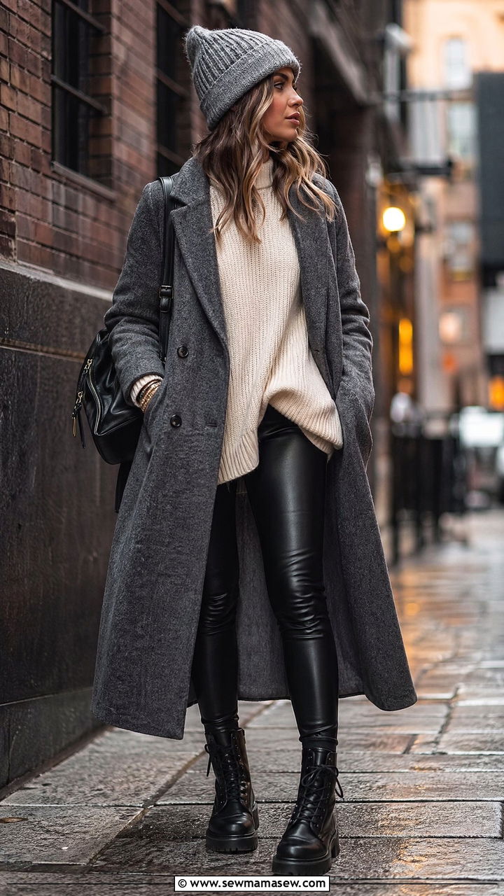 Wool Coat with Leather Leggings and Chunky Boots - 35 Wool coat outfit ideas