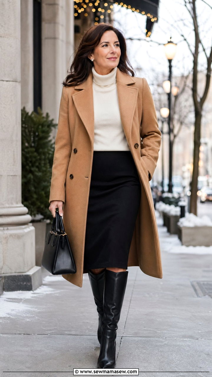 Wool Coat with Pencil Skirt and Knee Boots - 35 Chic outfits for women over 40