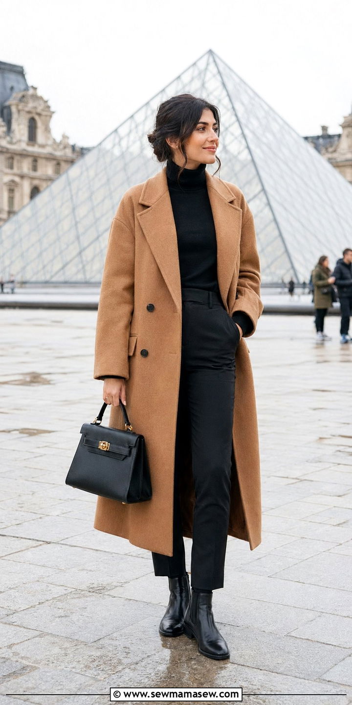 Wool Coat with Slim Black Trousers - 35 Parisian travel outfits