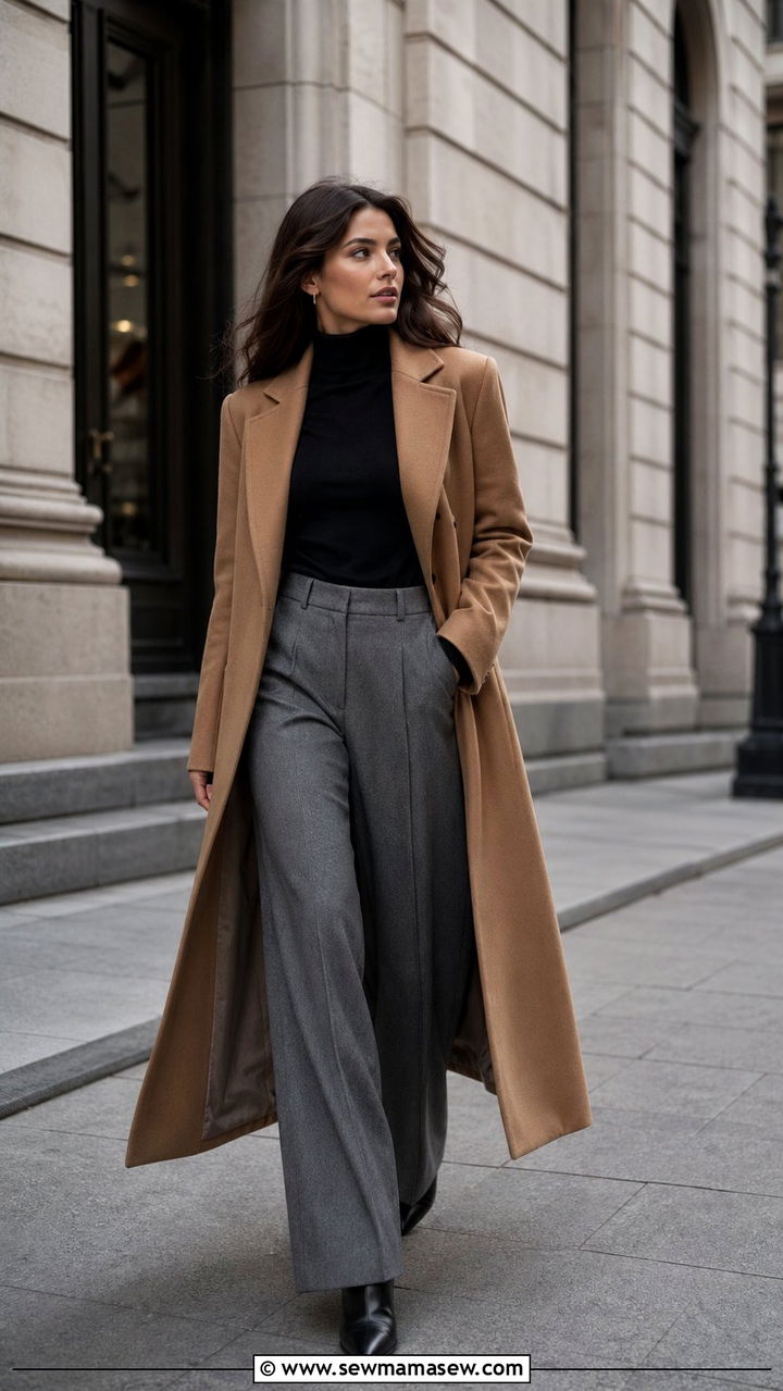 Wool Coat with Turtleneck and Wide Leg Trousers - 30 windy day outfits for women
