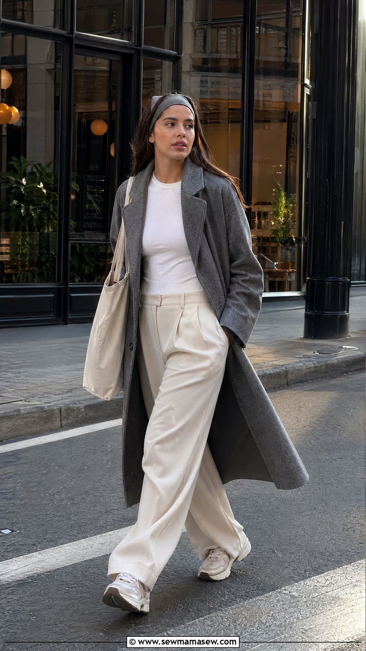Wool Coat with Wide Leg Trousers and Platform Sneakers - 35 Wool coat outfit ideas