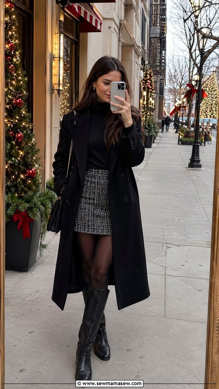Wool Coat with a Mini Skirt Tights and Knee High Boots - 35 Wool coat outfit ideas