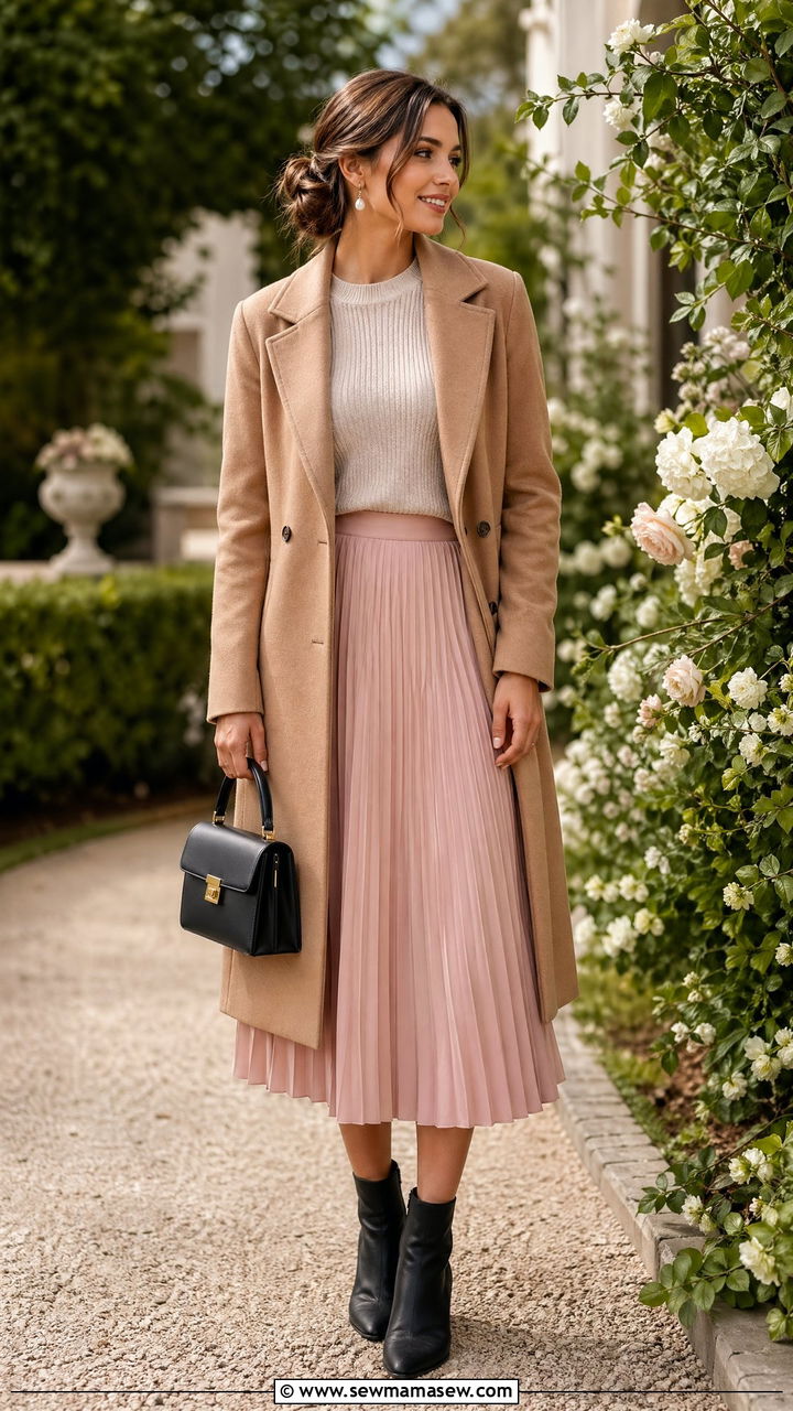 Wool Coat with a Pleated Midi Skirt and Ankle Boots - 35 Wool coat outfit ideas