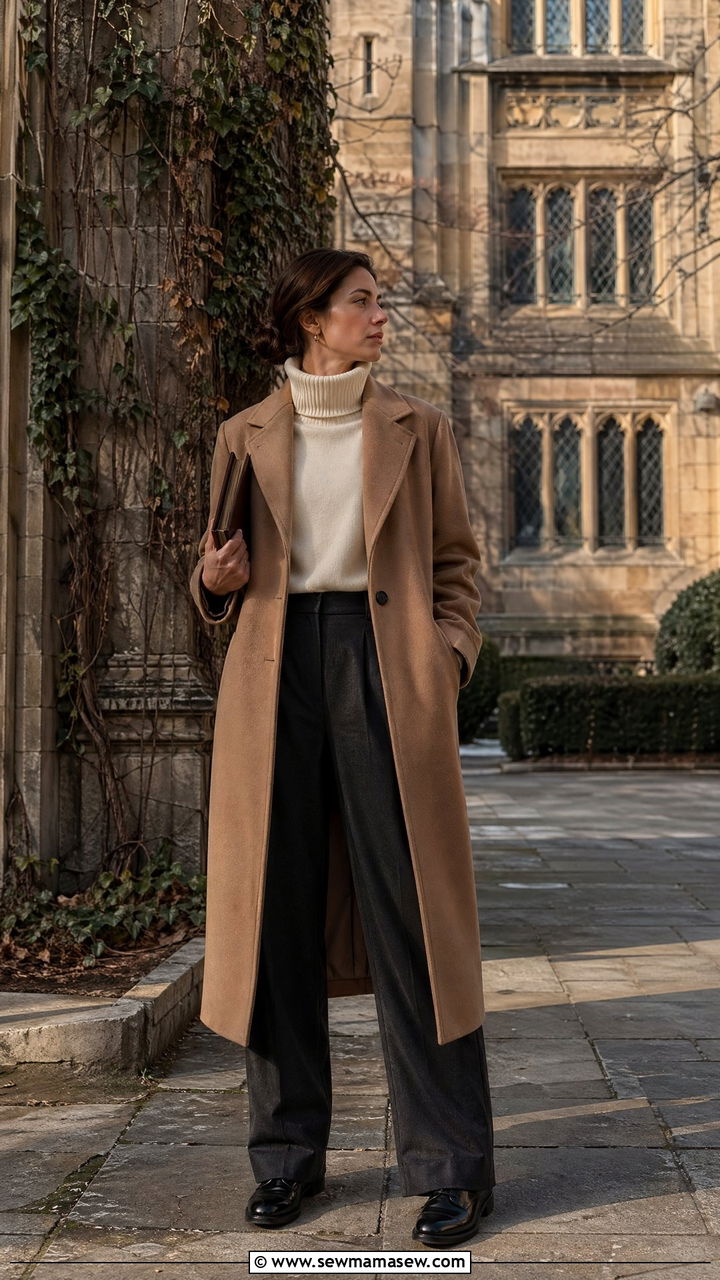 Wool Overcoat With Cream Turtleneck And Wide Leg Trousers - 35 College professor outfit ideas