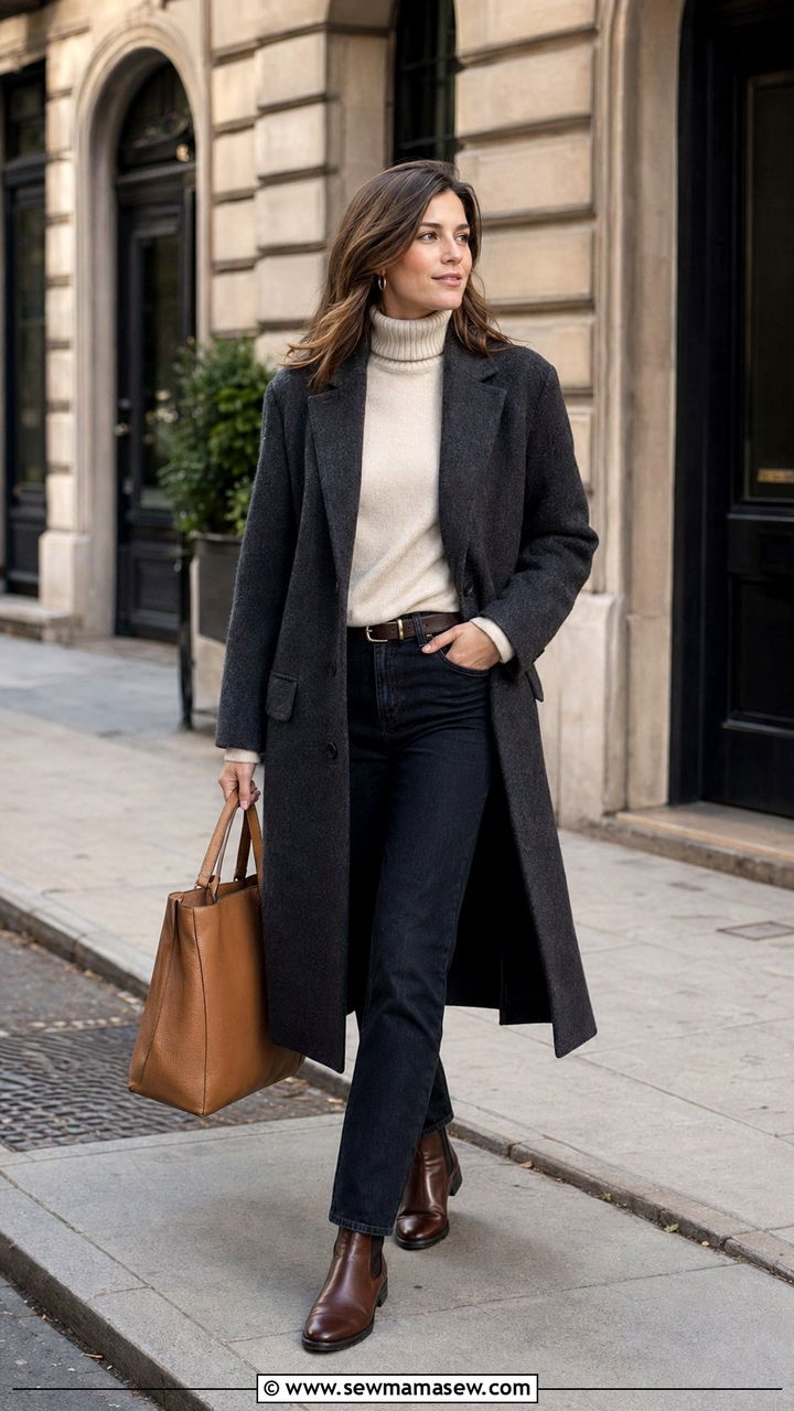 Wool Overcoat with Turtleneck and Straight Jeans - 35 Modest outfit ideas old money