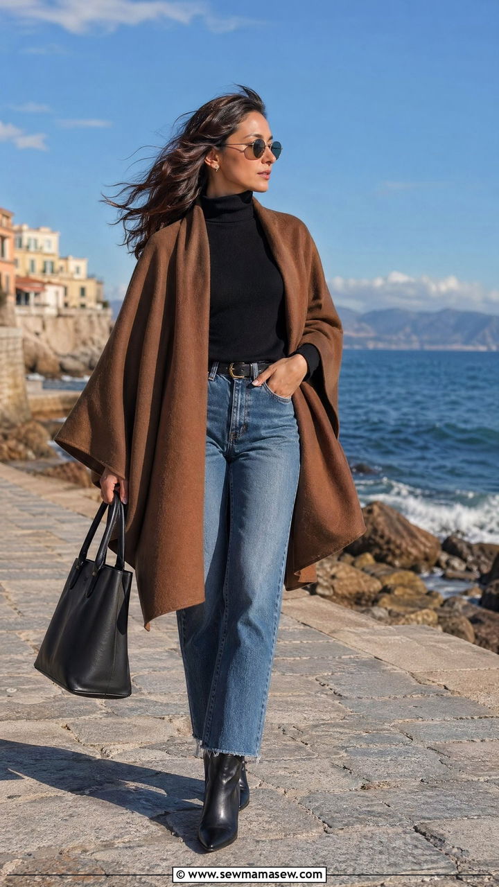 Wool Poncho Coat With Straight Leg Jeans And Ankle Boots - 35 Windy summer outfits