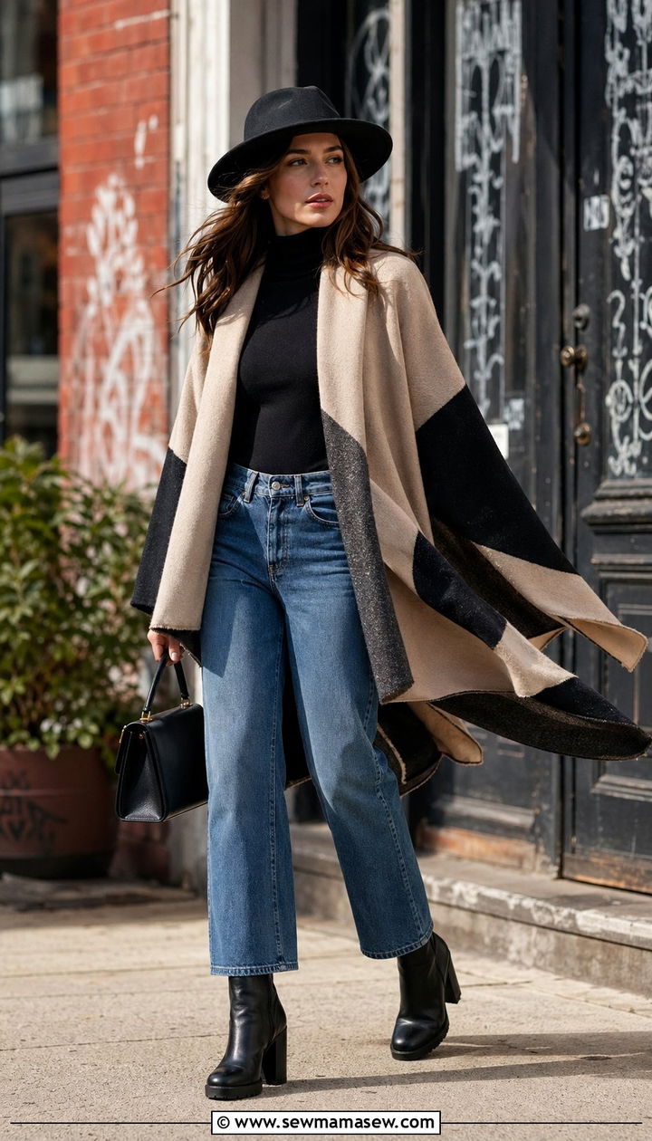 Wool Poncho With Straight Leg Jeans - 30 windy day outfits Pinterest