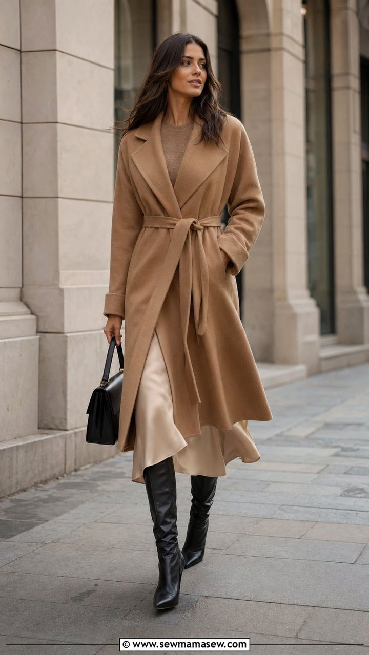 Wool Wrap Coat Layered Over a Silk Midi Skirt - 35 Quiet luxury work outfits