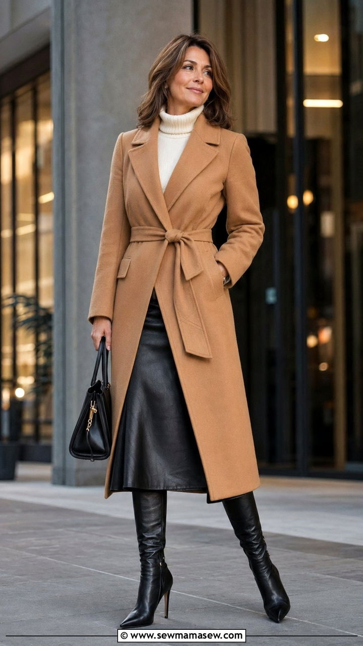 Wool Wrap Coat with Leather Midi Skirt - 35 Old money outfit ideas for women over 40