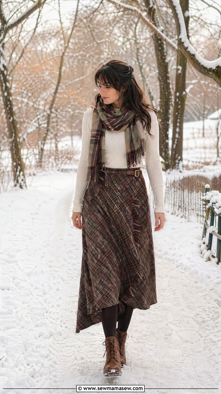 Wool Wrap Skirt With Thermal Top And Plaid Scarf - 35 Cottagecore outfit ideas