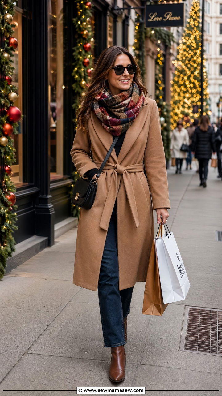Wool coat chunky scarf straight jeans and black crossbody bag - 35 Crossbody bag outfit ideas
