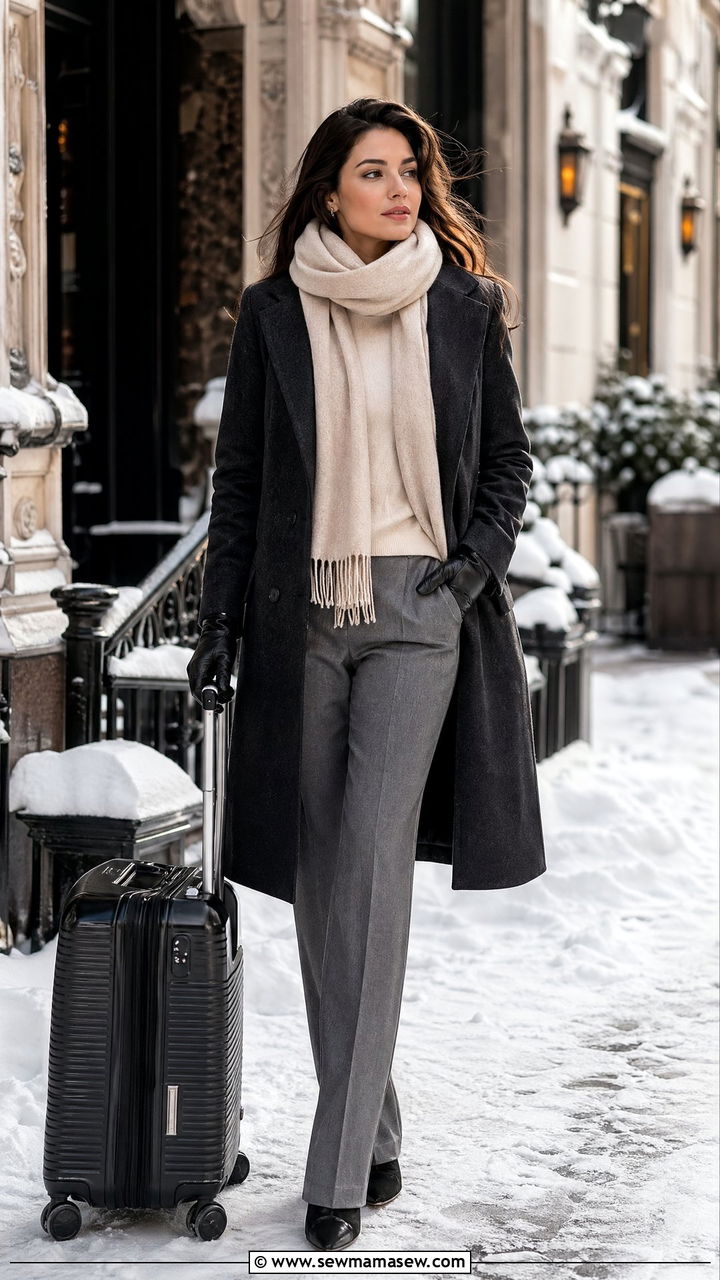 Wool coat with gray trousers and cashmere scarf - 35 classy travel outfit ideas