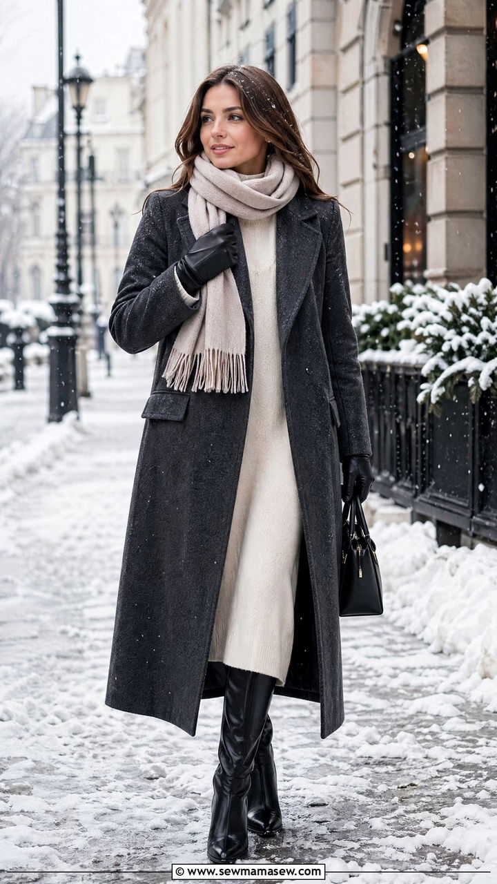 Wool coat with sweater dress - 35 sweater dress outfit ideas for women