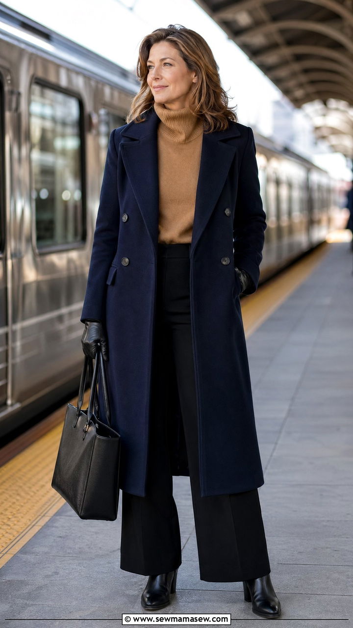 Wool coat with turtleneck and wide leg trousers cold weather travel outfit - 35 Travel outfit ideas for women over 40