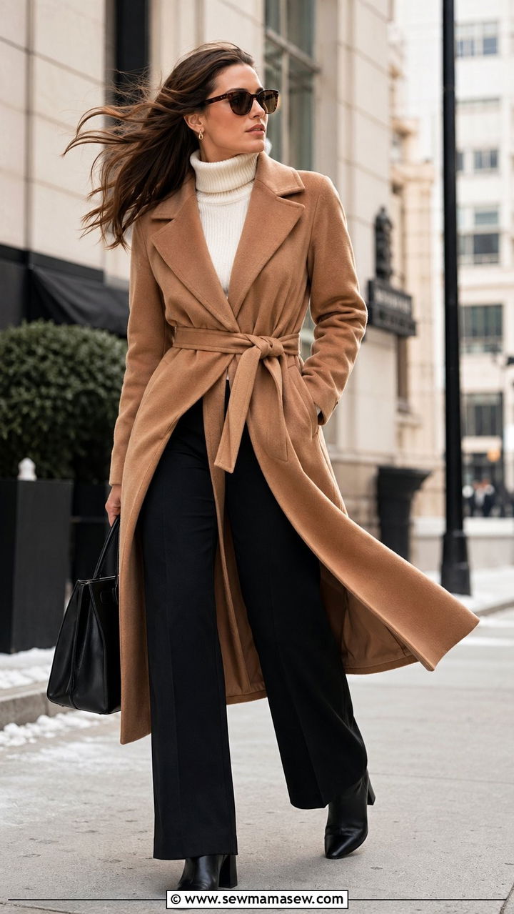 Wool coat with wide leg trousers and heeled boots - 30 windy day outfits inspo
