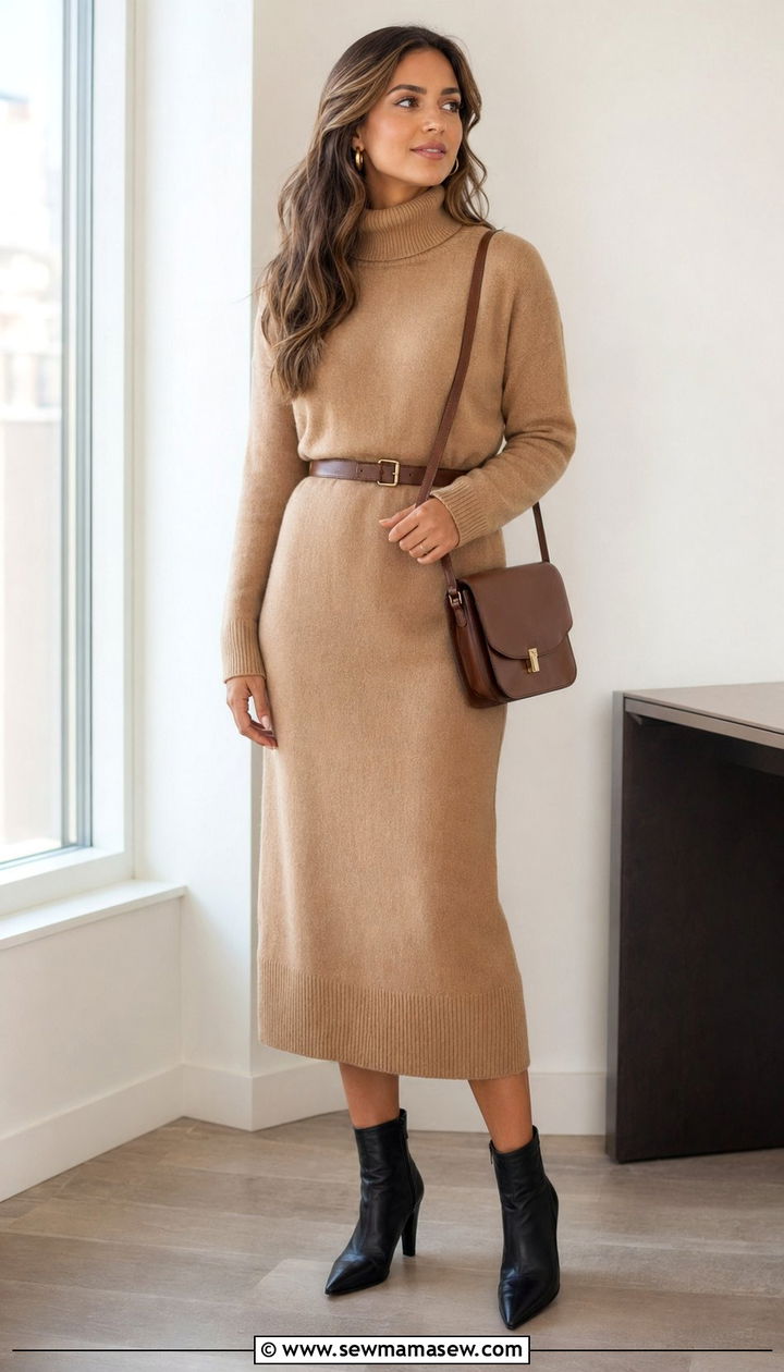 Wool midi dress with ankle boots - 35 Quiet luxury outfit ideas for work