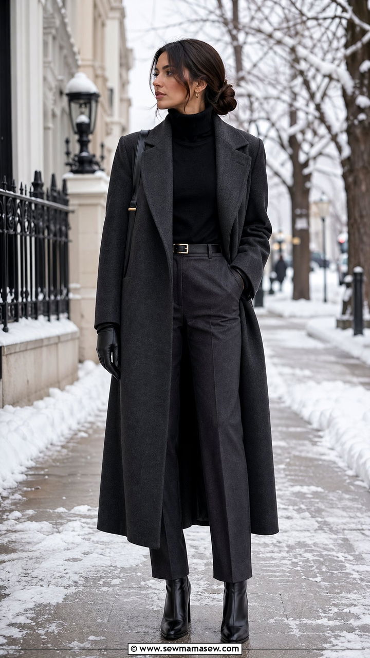 Wool overcoat with monochrome winter layers - 35 Stealth wealth outfit ideas