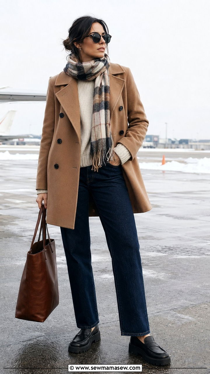 Wool peacoat and chunky sweater travel look - 30 Airport outfit ideas Parisian
