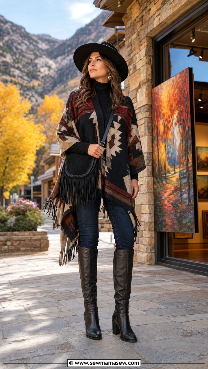 Wool poncho and tall boots outfit - 35 Mountain vacation outfit ideas