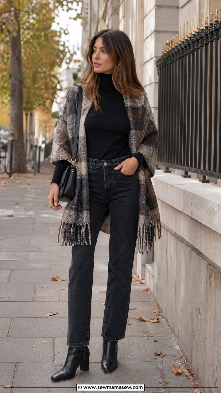 Wool scarf draped as a wrap with jeans and heeled boots - 35 transitional french girl outfit ideas