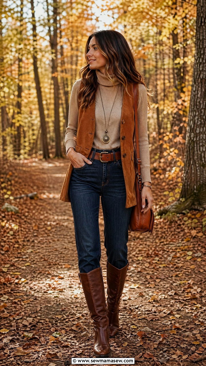 Wool turtleneck under suede vest - 35 transitional boho outfit ideas