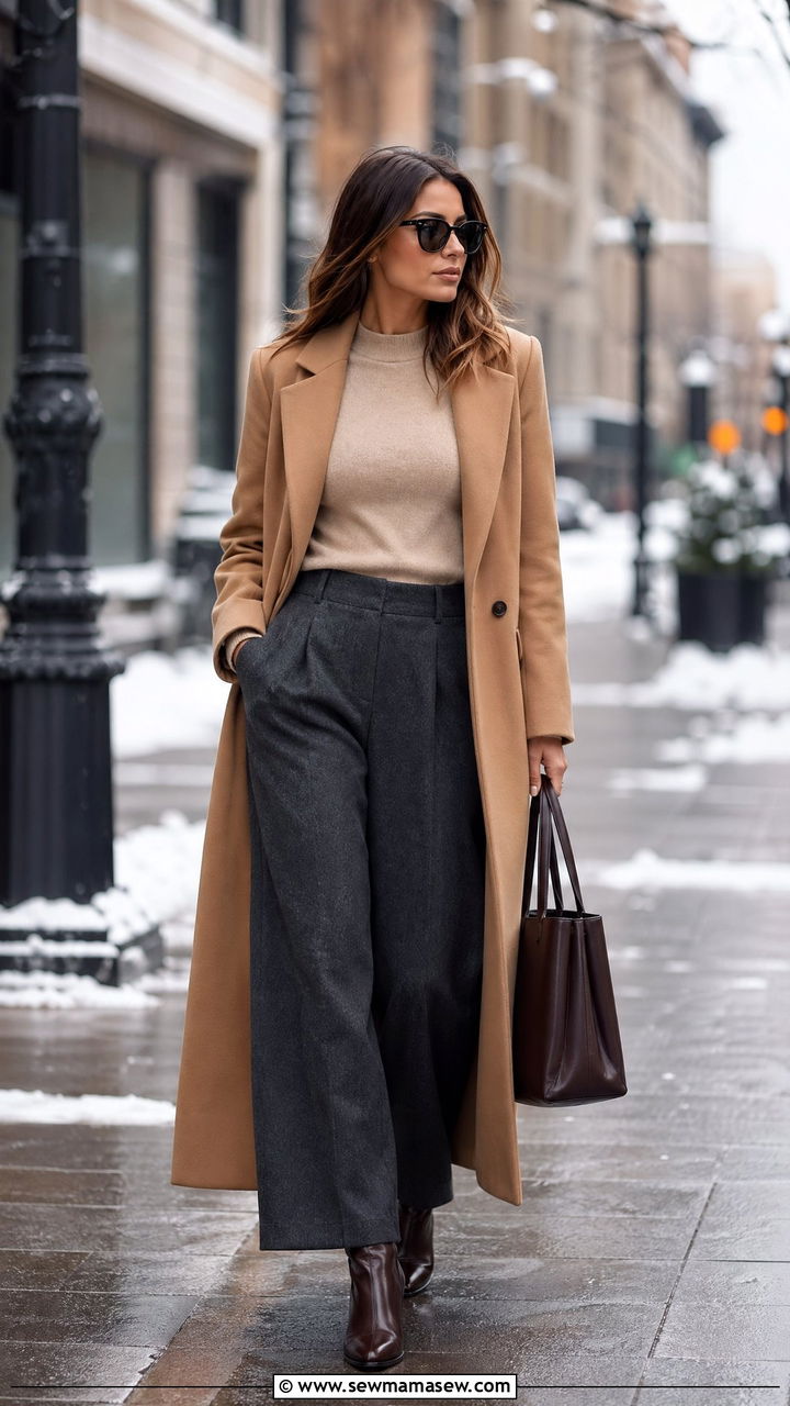 Wool wide leg trousers with sweater and coat - 35 wide leg pants outfits