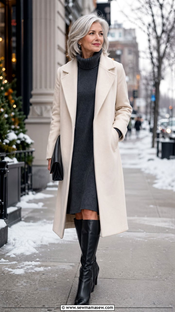 Woolblend coat with sweater dress and kneehigh boots - 35 Travel outfit ideas for women over 50