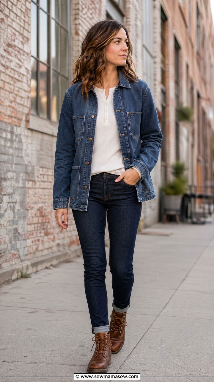 Workwear chore jacket with slim jeans and work boots - 35 Streetwear spring outfits